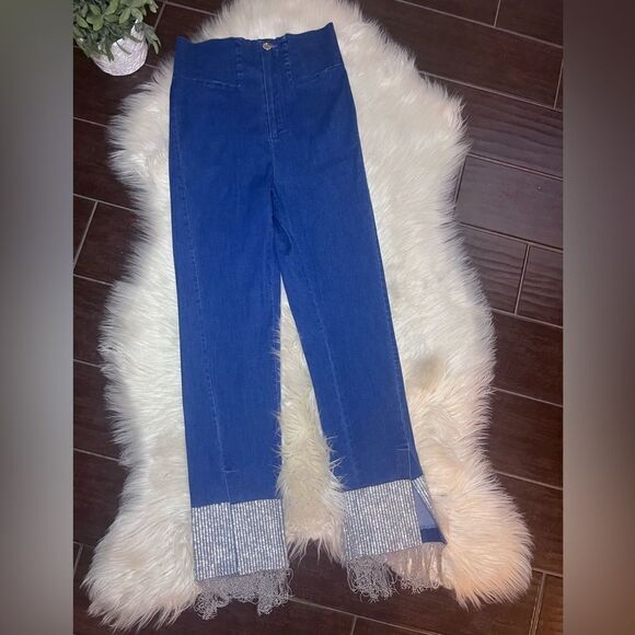 Rehab Lab denim high waisted rhinestone/chained fringe hem sz medium - Picture 1 of 9